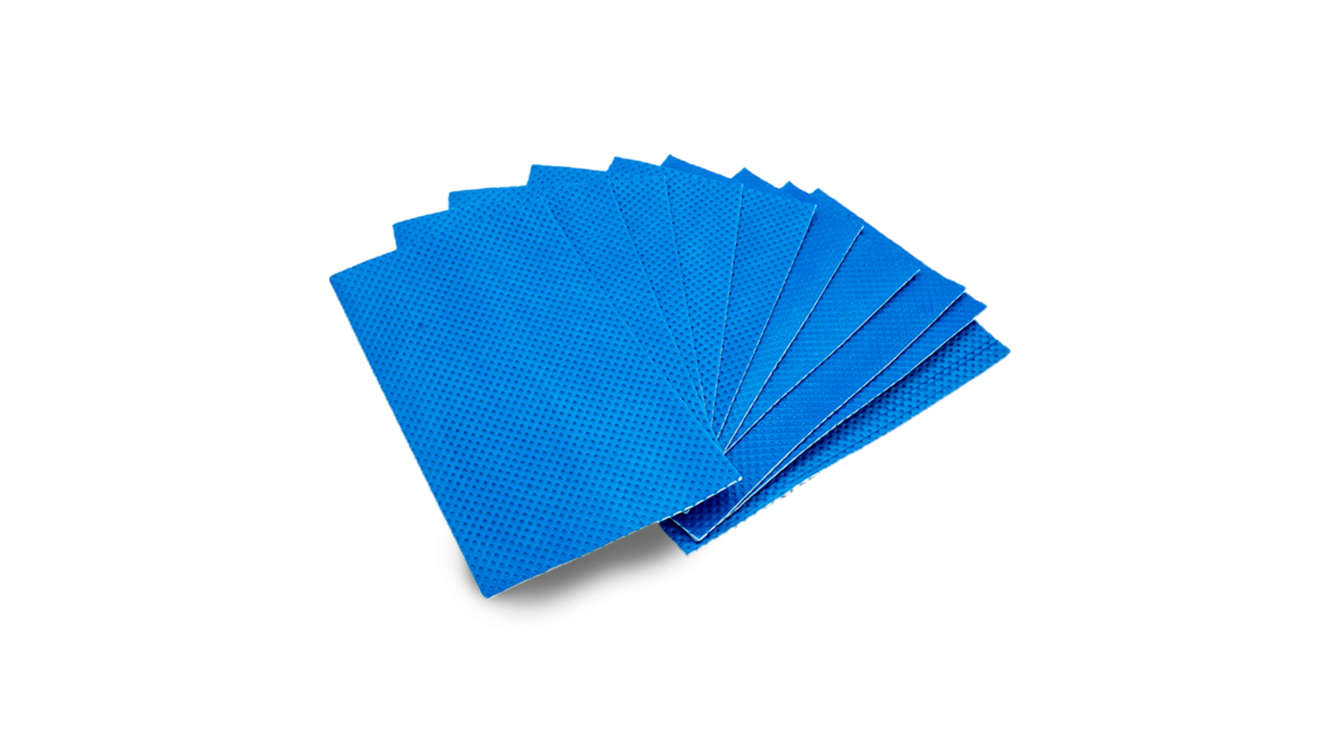 A fanned stack of blue absorbent pads