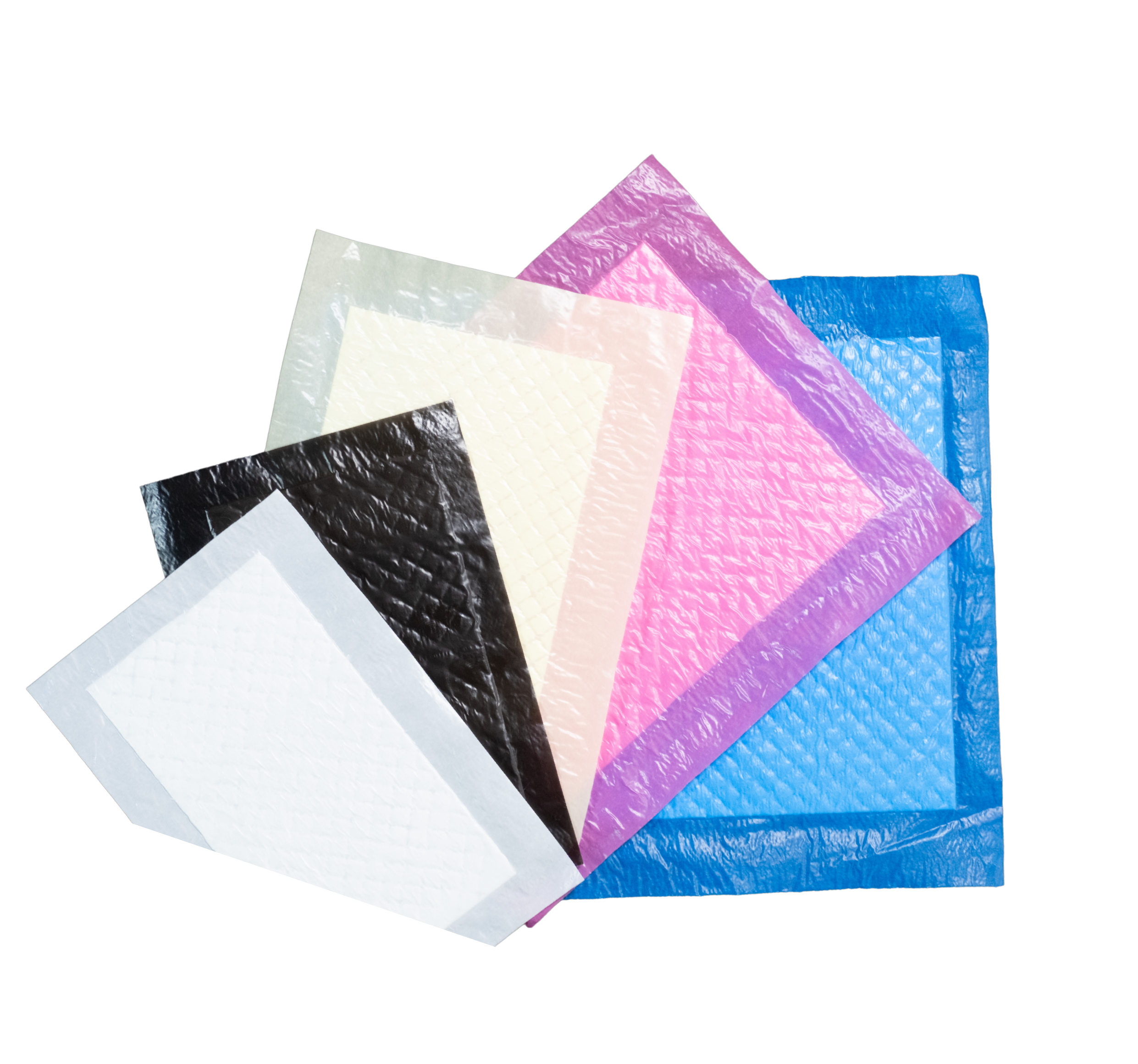 Absorbent pads shown in black, pink, blue and white